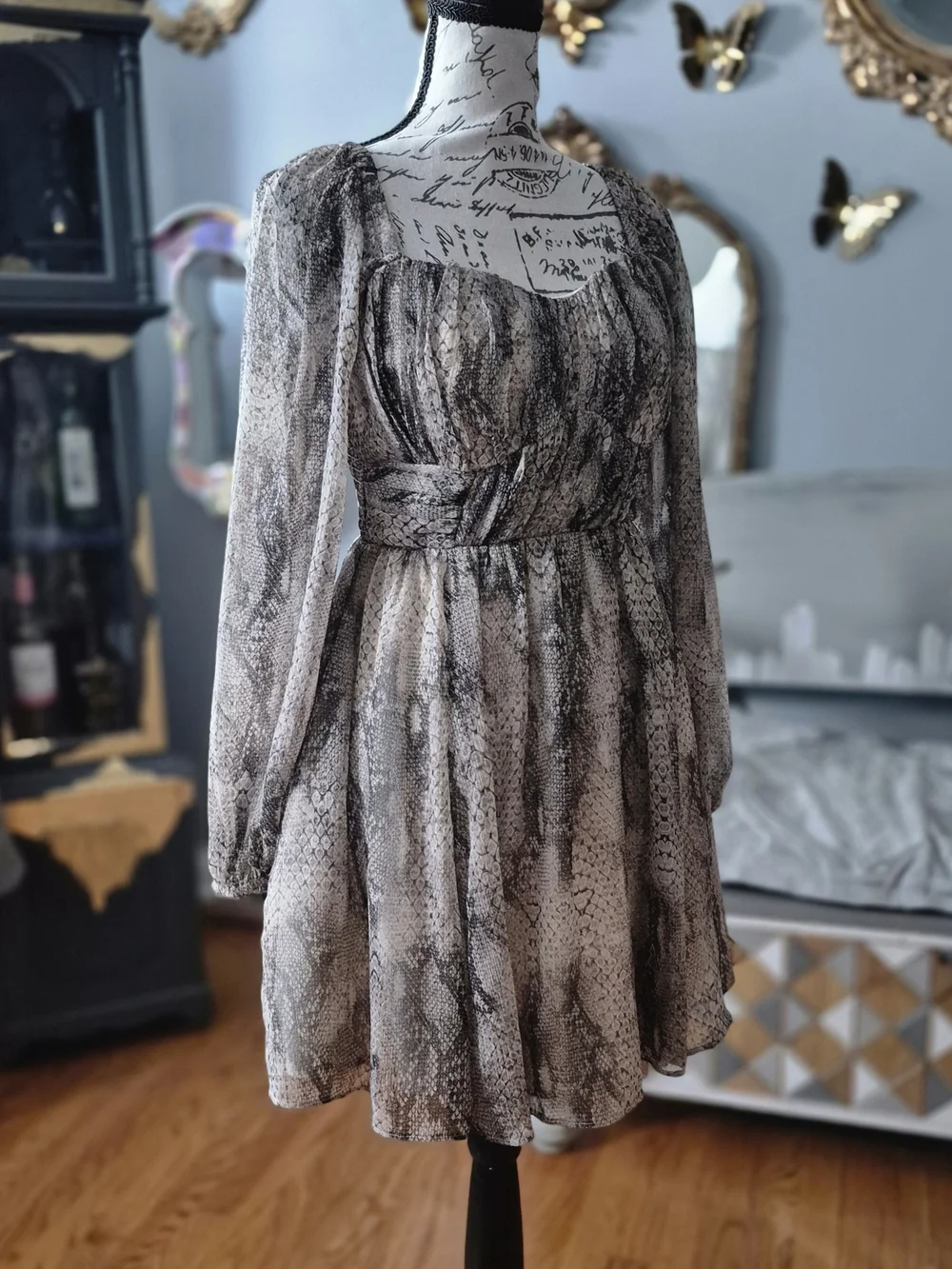 Express Babydoll Snake-Print Long Sleeve Mini Dress with Sheer Sleeves XS